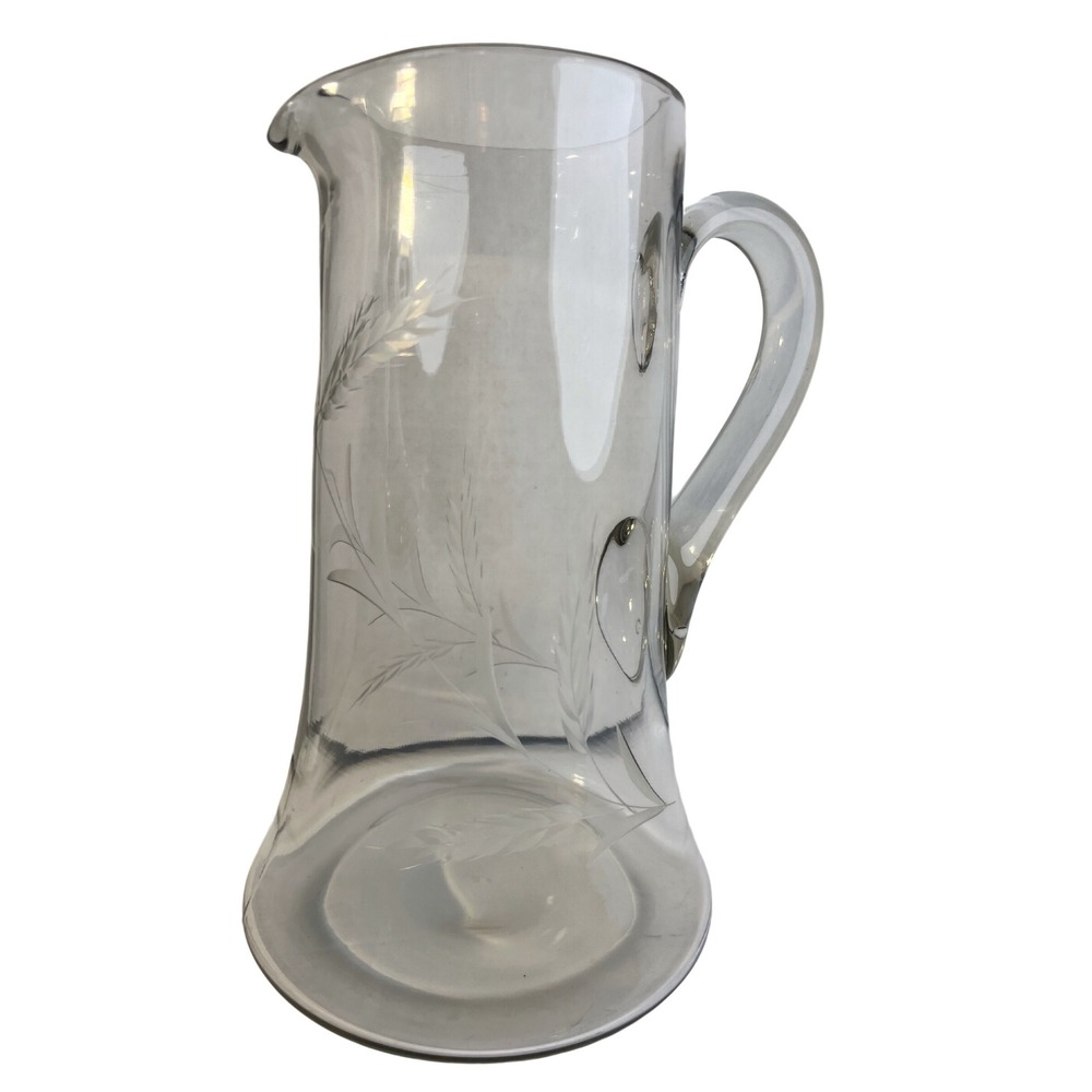 Vintage Etched Wheat Glass Pitcher Clear Tall Water Carafe Flared Base